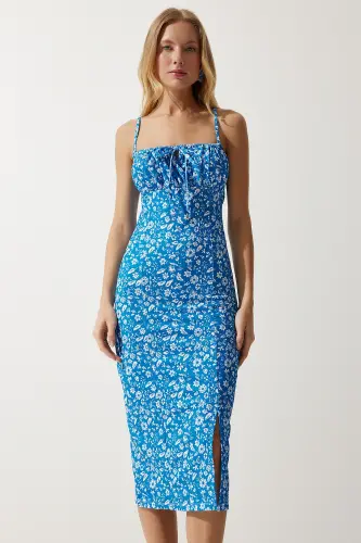 Woman Live Blue White Floral Slit Summer Knitted Dress CI00029-Live Blue White 