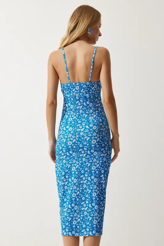 Woman Live Blue White Floral Slit Summer Knitted Dress CI00029-Live Blue White - 4