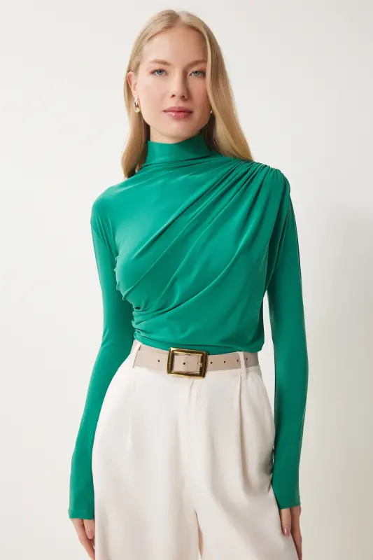 Woman Live Green Gathered Detailed Stand Collar Sandy Blouse FF00135-Live Green - 2