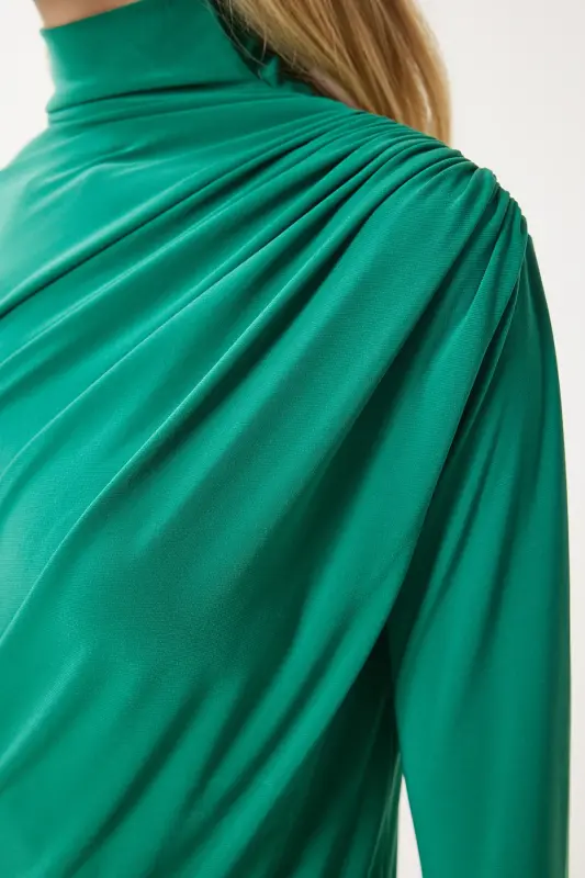 Woman Live Green Gathered Detailed Stand Collar Sandy Blouse FF00135-Live Green - 6