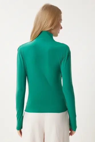 Woman Live Green Gathered Detailed Stand Collar Sandy Blouse FF00135-Live Green - 7