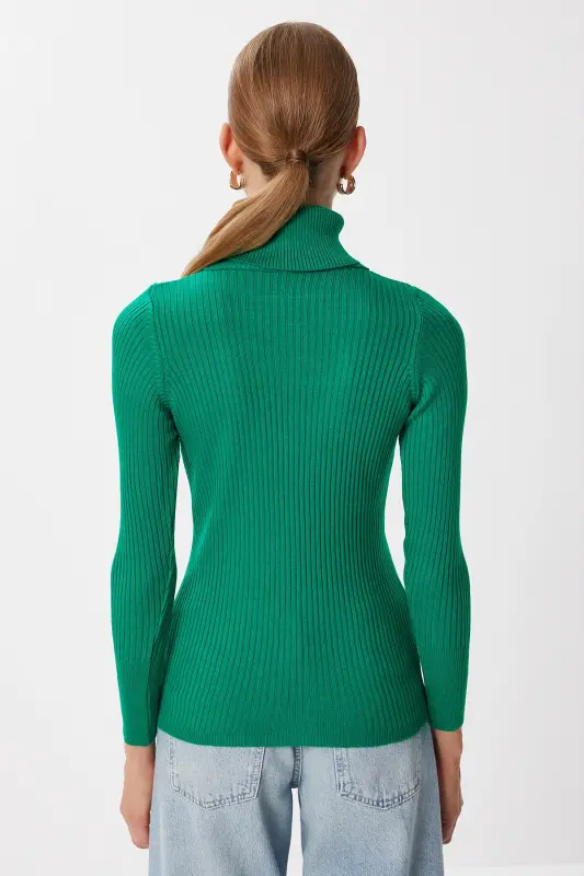 Woman Live Green Turtleneck Ribbed Lycra Sweater DD01007-Live Green - 5