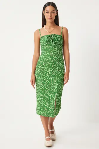 Woman Live Green White Floral Slit Summer Knitted Dress CI00029-Live Green White - 1