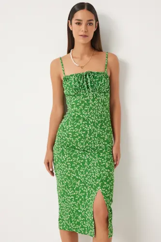 Woman Live Green White Floral Slit Summer Knitted Dress CI00029-Live Green White - 2
