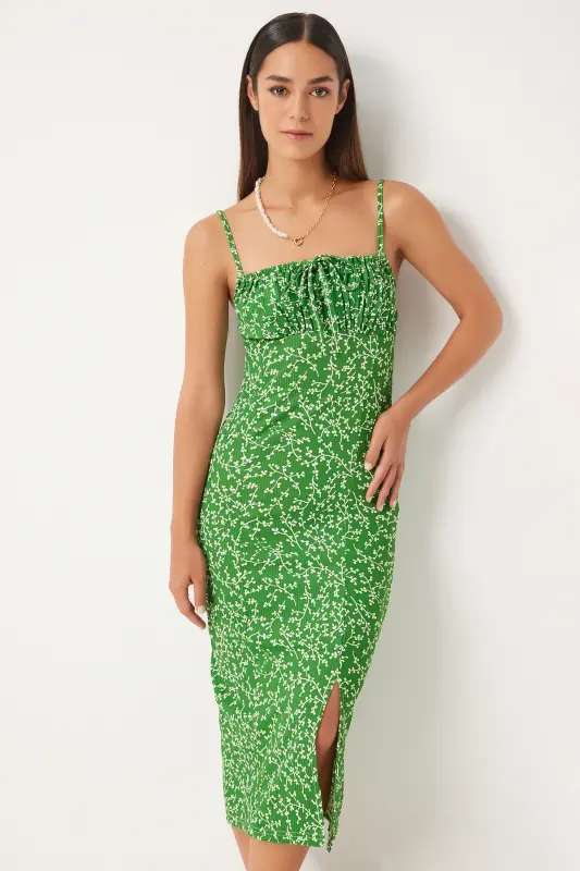 Woman Live Green White Floral Slit Summer Knitted Dress CI00029-Live Green White - 3