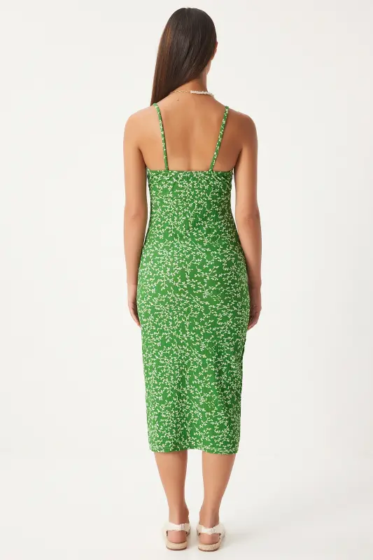 Woman Live Green White Floral Slit Summer Knitted Dress CI00029-Live Green White - 5