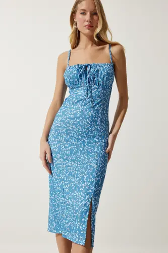 Woman Live Light Blue Floral Slit Summer Knitted Dress CI00029-Live Light Blue - HAPPINESS İSTANBUL (1)