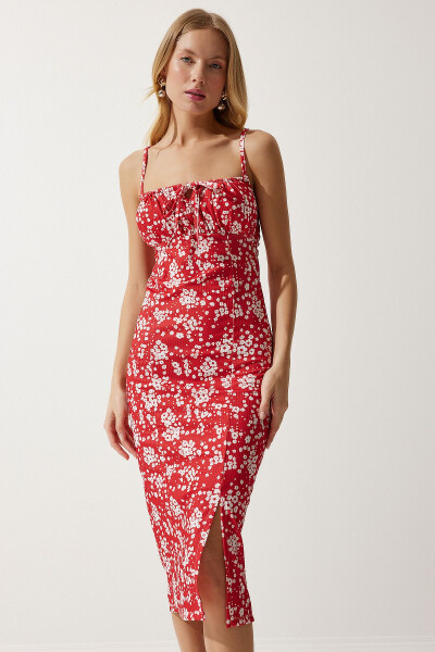 Woman Live White Red Floral Slit Summer 