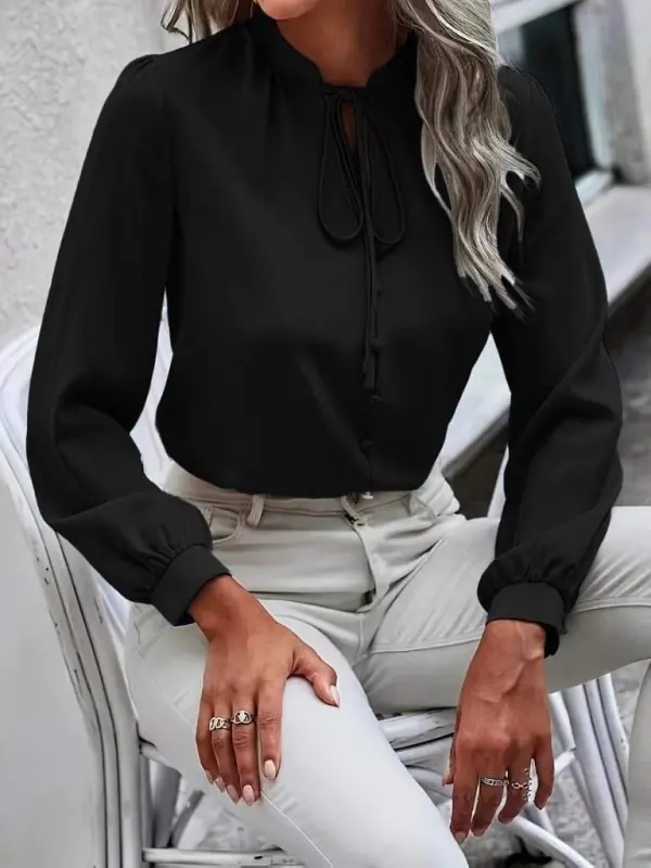 Woman Long Sleeve Collar Lace-Up Neck Buttoned Sandy Blouse - BÜYÜKBEDENIZ