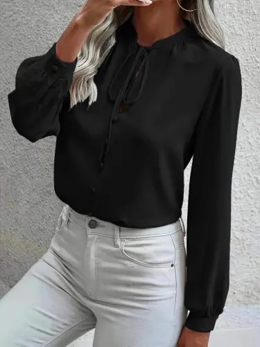 Woman Long Sleeve Collar Lace-Up Neck Buttoned Sandy Blouse - BÜYÜKBEDENIZ (1)