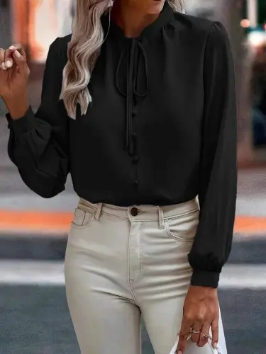 Woman Long Sleeve Collar Lace-Up Neck Buttoned Sandy Blouse - 4