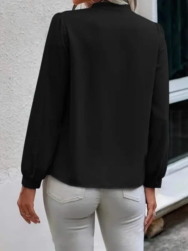 Woman Long Sleeve Collar Lace-Up Neck Buttoned Sandy Blouse - 5