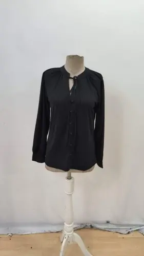 Woman Long Sleeve Collar Lace-Up Neck Buttoned Sandy Blouse - 6