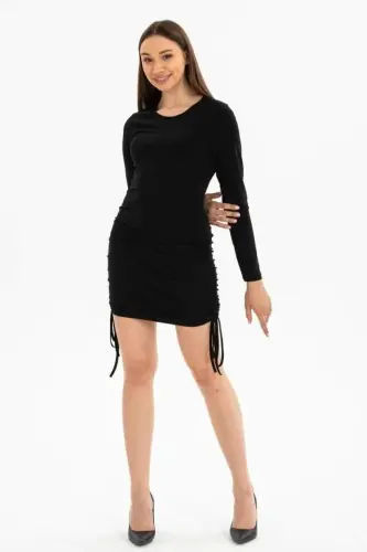 Woman Long Sleeve Gathered Detail Sandy Fabric Adjustable Length Opportunity Product Dress - BÜYÜKBEDENIZ (1)