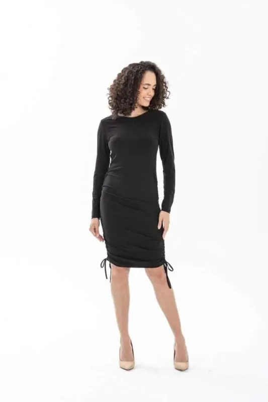 Woman Long Sleeve Gathered Detail Sandy Fabric Adjustable Length Opportunity Product Dress - 3