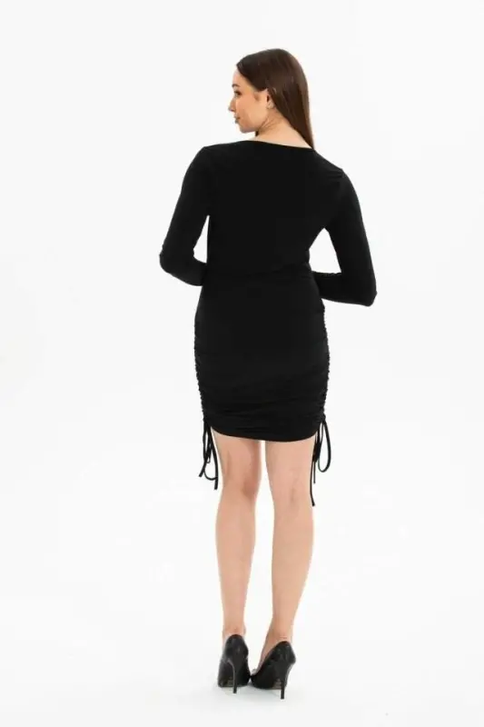 Woman Long Sleeve Gathered Detail Sandy Fabric Adjustable Length Opportunity Product Dress - 4