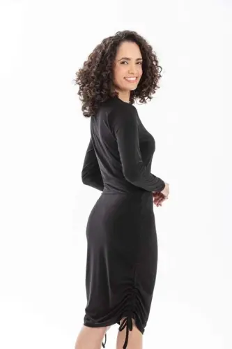 Woman Long Sleeve Gathered Detail Sandy Fabric Adjustable Length Opportunity Product Dress - 7