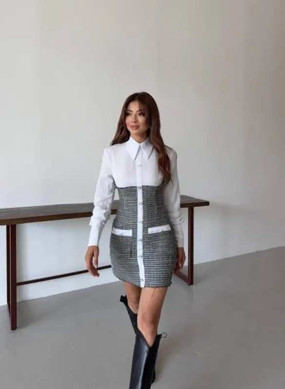 WOMAN LONG SLEEVE POCKET AND BUTTON DETAIL MINI SHIRT DRESS - 5