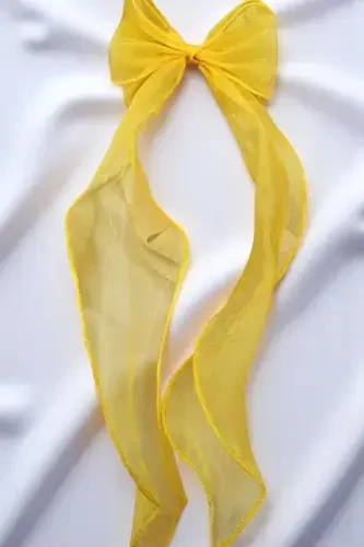 Woman Long Tulle Bow Hair Clip Dark Yellow-YELLOW - 2