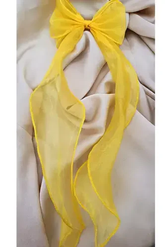 Woman Long Tulle Bow Hair Clip Dark Yellow-YELLOW - 3