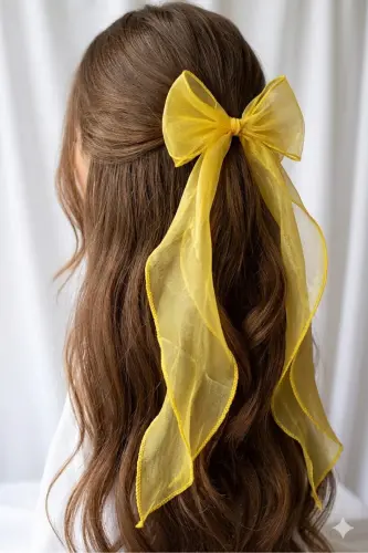Woman Long Tulle Bow Hair Clip Dark Yellow-YELLOW - 5