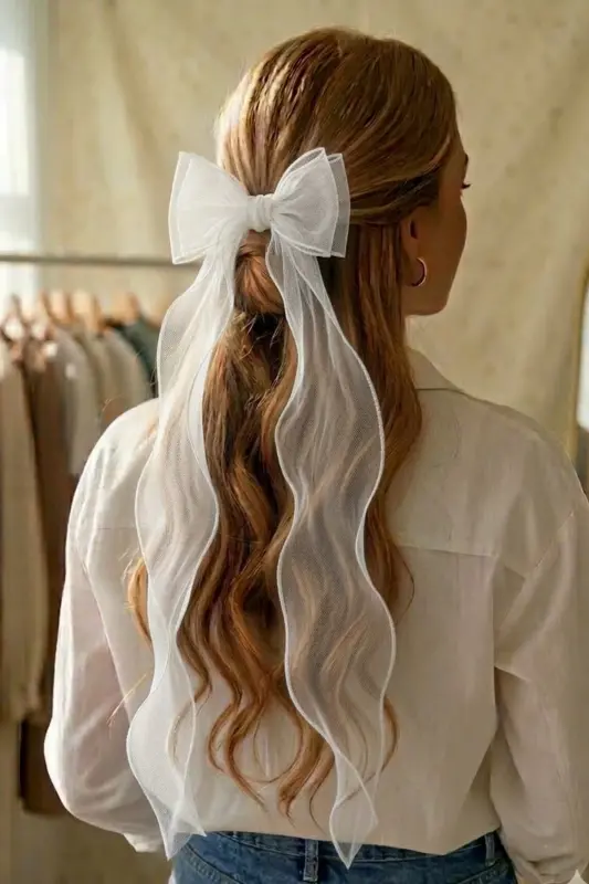 Woman Long Tulle Bow Hair Clip White-WHITE - 1