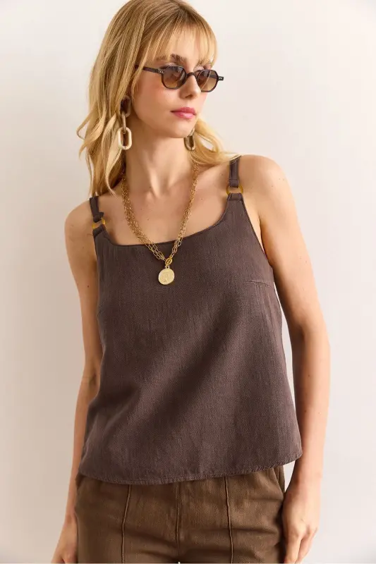 Woman Mink Strap Accessorized Washed Solid Linen B - 1