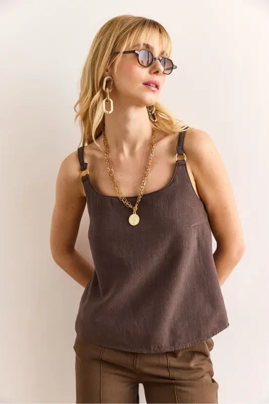 Woman Mink Strap Accessorized Washed Solid Linen B - 2