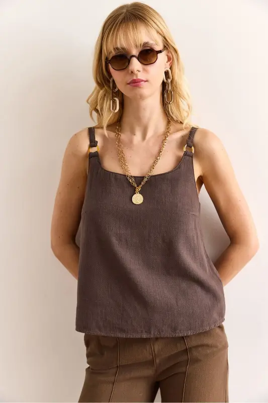 Woman Mink Strap Accessorized Washed Solid Linen B - 3