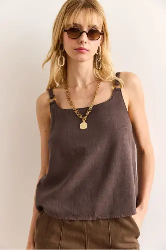 Woman Mink Strap Accessorized Washed Solid Linen B - 4