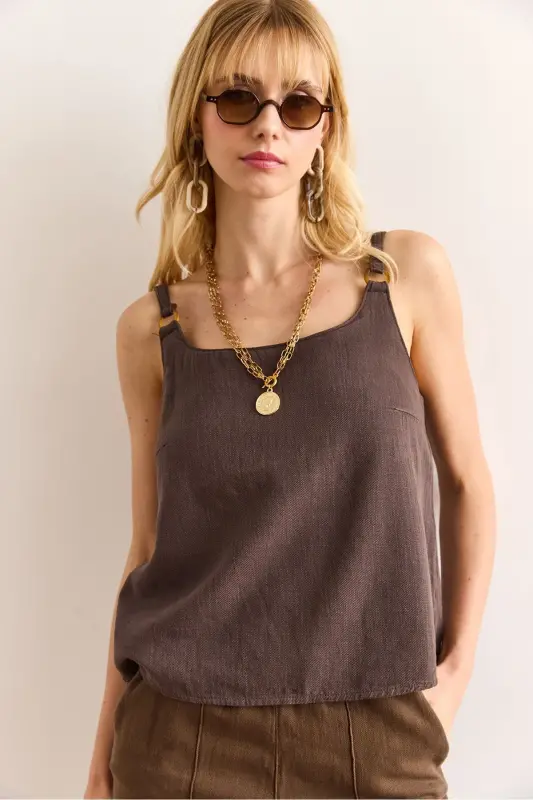 Woman Mink Strap Accessorized Washed Solid Linen B - 4