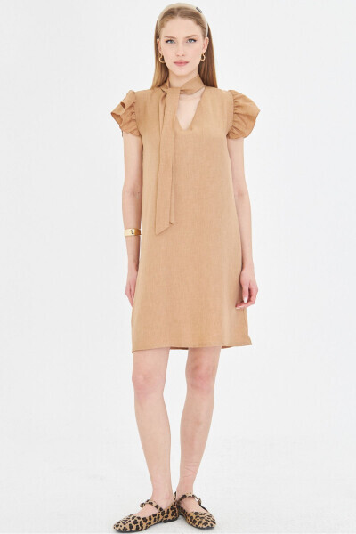 Woman Mink V Neck Ruffled Sleeve Tie Detailed - 7