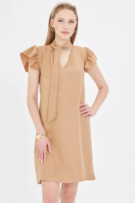 Woman Mink V Neck Ruffled Sleeve Tie Detailed - 2