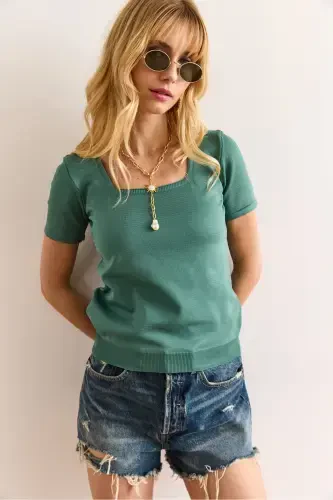 Woman Mint Green Square Neck Short Sleeve Basic Knitwear B - 1