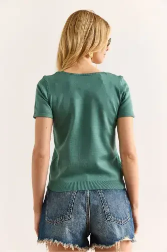 Woman Mint Green Square Neck Short Sleeve Basic Knitwear B - 2