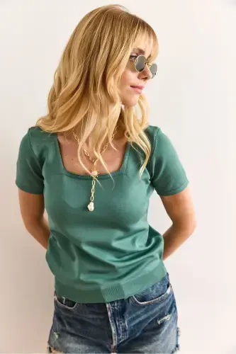 Woman Mint Green Square Neck Short Sleeve Basic Knitwear B - 4