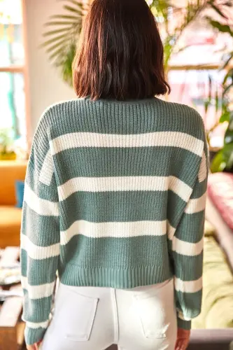 Woman Mint Green Striped Half Turtleneck Crop Knit Sweater KZK-19000402-Mint Green - 6