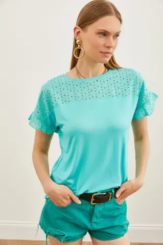 Woman Mint Green Top Eyelet Sleeve Flounce T-Shirt B 