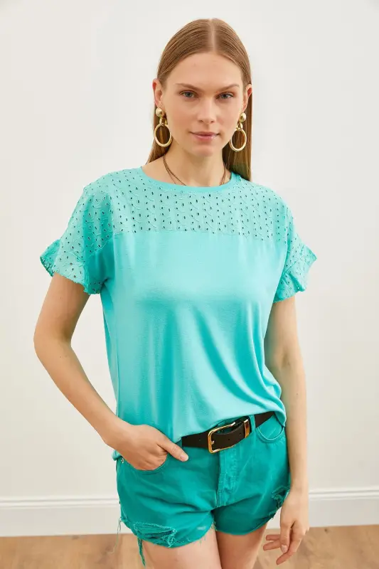 Woman Mint Green Top Eyelet Sleeve Flounce T-Shirt B - 2