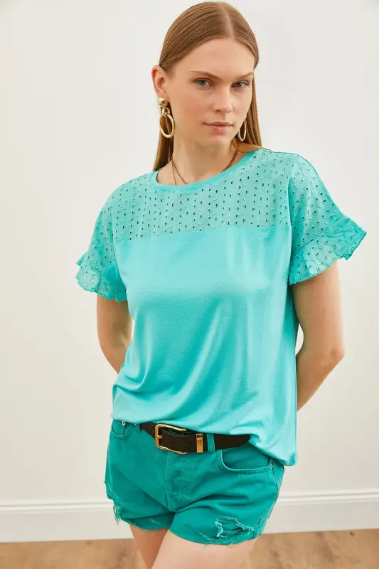 Woman Mint Green Top Eyelet Sleeve Flounce T-Shirt B - 3