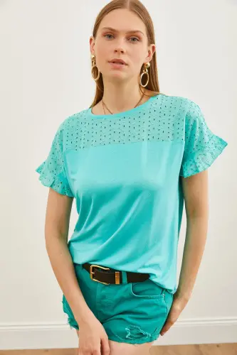 Woman Mint Green Top Eyelet Sleeve Flounce T-Shirt B - 4