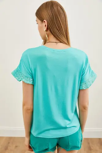 Woman Mint Green Top Eyelet Sleeve Flounce T-Shirt B - 5