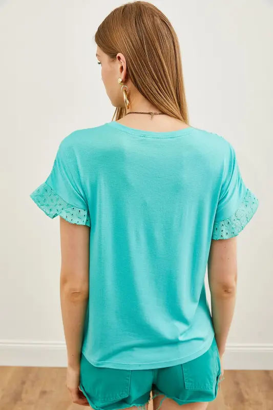 Woman Mint Green Top Eyelet Sleeve Flounce T-Shirt B - 5