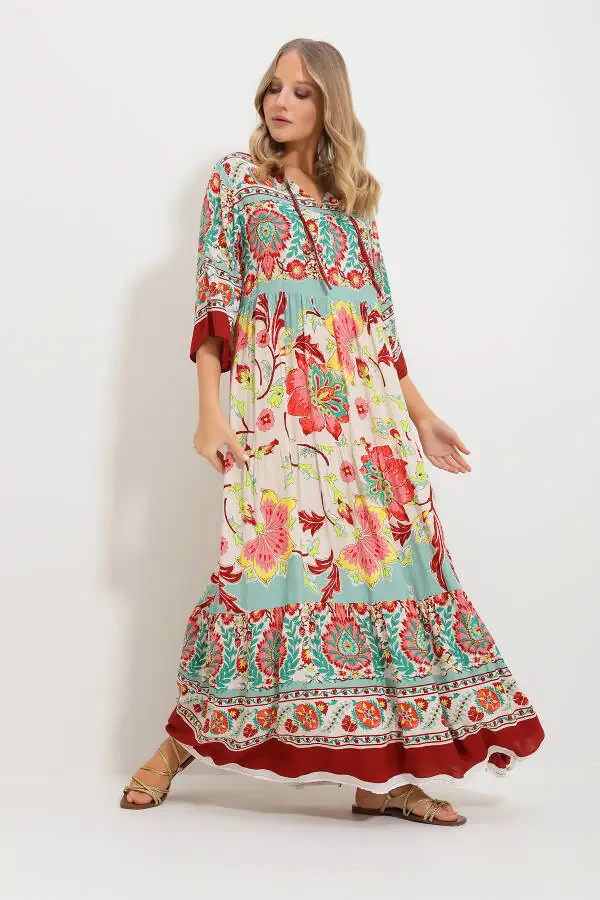 Woman Mint Lace-Up Front Patterned Woven Viscose Dress - 2