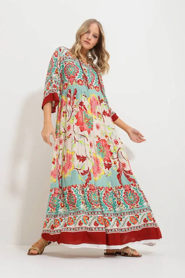 Woman Mint Lace-Up Front Patterned Woven Viscose Dress - 3