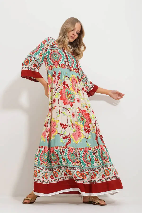 Woman Mint Lace-Up Front Patterned Woven Viscose Dress - 4