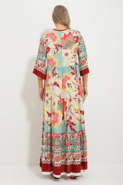 Woman Mint Lace-Up Front Patterned Woven Viscose Dress - 5