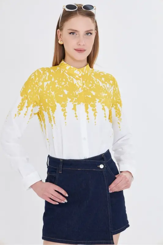 Woman Mustard Referee Collar Patterned Shirt ARM-25Y0010 - 3