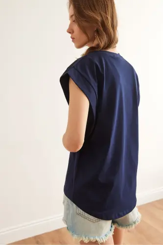 Woman Navy Blue Armpit Detailed Bat T-Shirt T - 2
