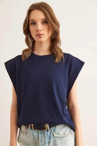 Woman Navy Blue Armpit Detailed Bat T-Shirt T - 3